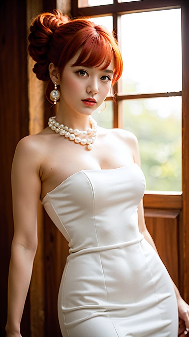 ((masterpiece, Best Quality)),(complex lighting) ,Whole body, Alone, Wilma Flintstone, Red hair, Horse tail, White dress, Pearl Necklace, lipstick,