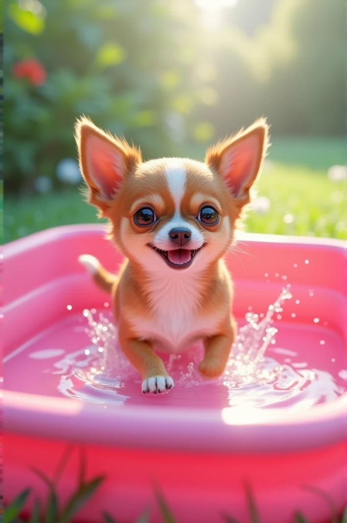 Chihuahua in a square pink plastic pool　The coat is brown with a white center　Joyfully entering the water　Animated