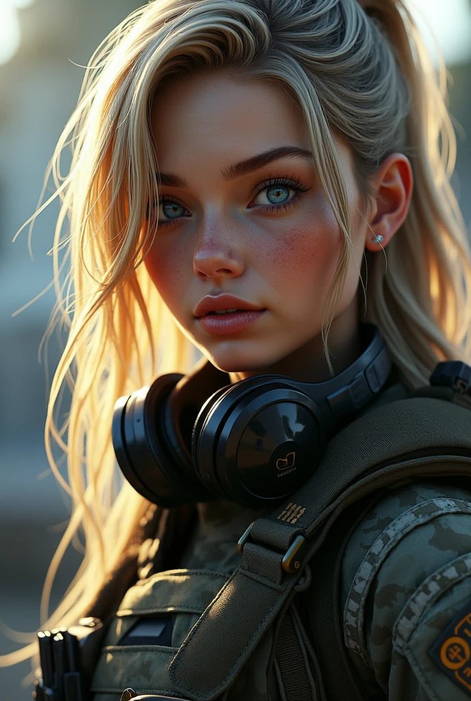 (Photorealism:1.2) (Character description: * Physical: * Hair: long blonde with bangs, cut in layers to highlight the face and give it a dynamic look. * Eyes: Large and expressive, of an intense blue color that contrasts with the blonde hair. Long and defined eyelashes. * Skin: Clear and luminous, with a slight blush on the cheeks. * Features: Delicate and defined, with a small nose and full lips. * Body: Athletic and slender, with a proportionate figure and toned muscles.) +(* Outfit: * Style: Tactical and functional, but with aesthetic details that enhance its femininity. * Garments: * Top: Fitted combat shirt or sleeveless t-shirt, with military patches and insignia. Bottom: Tactical pants or short skirt above the knee, both with multiple pockets and gussets. Footwear: High-resistance military boots, designed for action. Accessories: Belt: With multiple pouches and slides to carry tactical equipment. Gloves: Tactical, which protect the hands and allow a better grip. Sunglasses: Military style, with dark lenses to protect the eyes. Headphones: With integrated microphone, to communicate with the team. Weapon: A signature in-game weapon, such as a pistol or assault rifle, that complements your appearance) + (Expression, Look: Strong and determined, with a spark of intelligence and bravery. Posture: Confident and self-assured, ready to face any challenge Facial expressions: Wide and varied, capable of conveying a wide range of emotions) +(Key elements of the Call of Duty: Modern Warfare style: Realistic details: Detailed textures in hair, skin and clothing. Lighting. dramatic: Using shadows and contrasts to highlight features and create an intense atmosphere. Realistic facial expressions: Capturing the character's emotion and determination through their eyes and mouth. Dynamic poses: Poses that convey movement and action, as if they were. . in the middle of combat.) + (Keywords: Woman, soldier, Call of Duty, realistic, cinematic, blonde hair, blue eyes, beauty, tacti