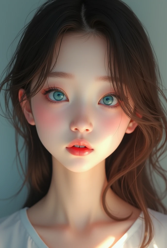 a 15 year old girl,japanese,chestnut hair,wavy to straight hair,ocean blue eyes,skin fair,perfectbody