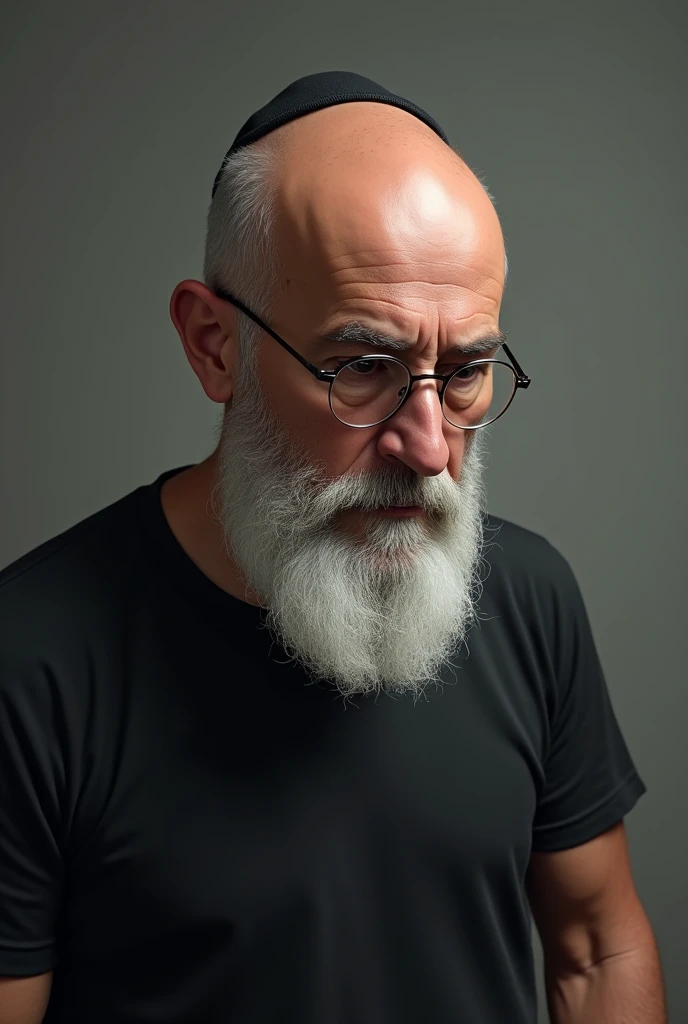 Caucasian man with white beard , Aquiline nose bald with kipa sad look ,round glasses black t-shirt