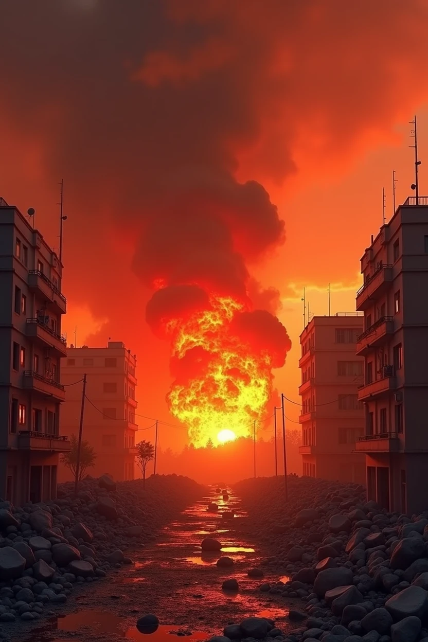 background without people, devastated, Red Sky, explosions, bombi, fire smoke, fallen buildings