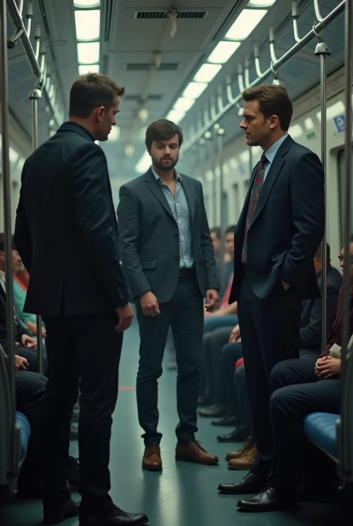 Detectives talking to a 20-year-old man, with brown hair , sleeping on a train seat