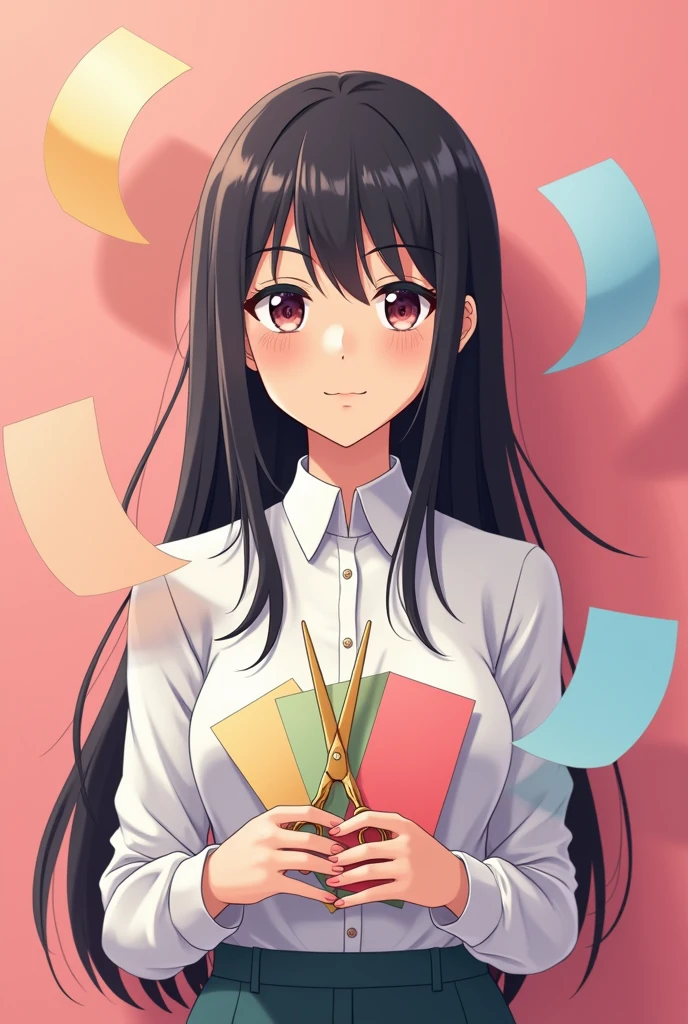 3D ANIME TYPE POSTER, face BRUNETTE GIRL LONG BLACK HAIR SMALL EYES TYPE WHITE SHIRT HOLDING a golden pair of scissors and many sheets of colored paper, pink back ground, gold and flying papers