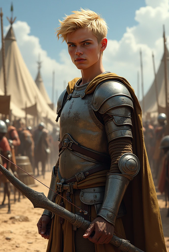 Young man with blond hair, blue colored eyes, with bow and arrow wearing armor in a camp