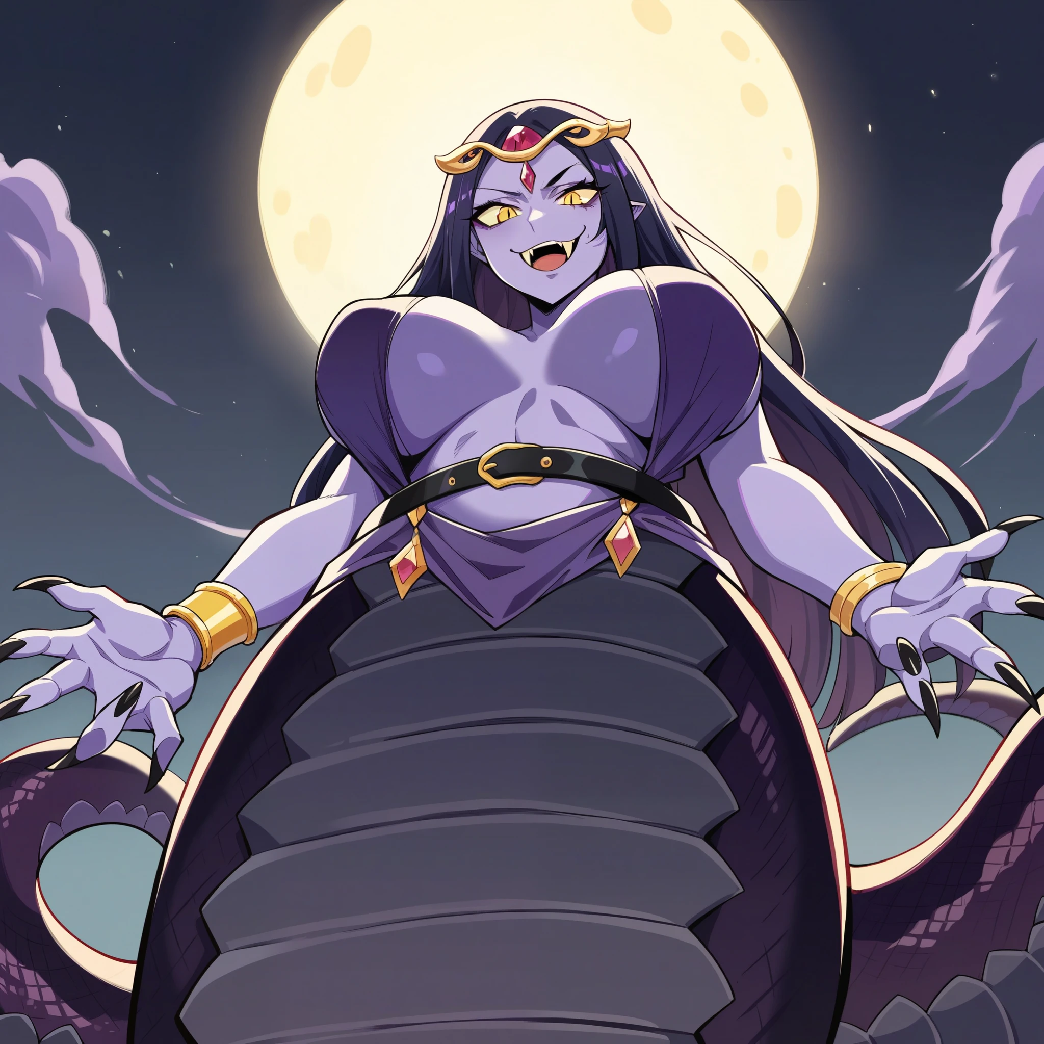 score_9,score_8_up,score_7, source anime, BREAK,1 girl, solo, snek_DP, lamia, purple tiara, yellow eyes, black snake hair, purple strap, golden bracelet, purple gem, black multiple belt, gather straps, big breasts, multiple strap breasts, purple skin, forehead jewel, purple snake tail with black dot, black nails, sharp fingernails, detailled face, looking at the viewer, low angle, looking down, evil smile, fangs, night sky, post-apocalypse, crumbling city on background, late night, moon, dark alleyway, detailed face,