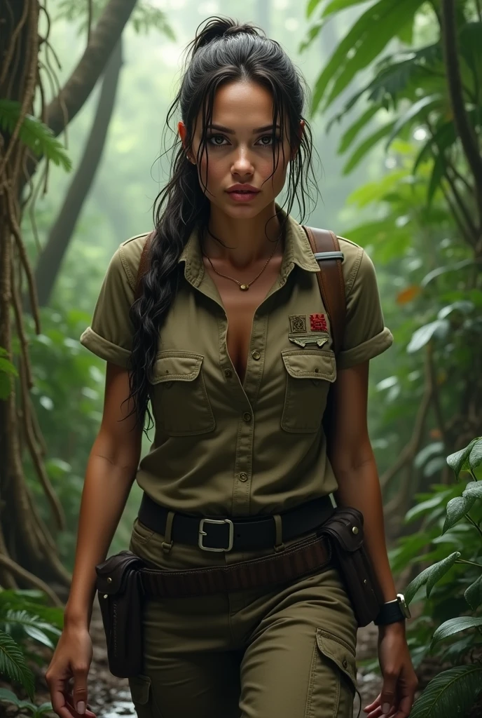 Angelina Jolie in the jungle,dressed as an explorer,wet,sweating, realist.