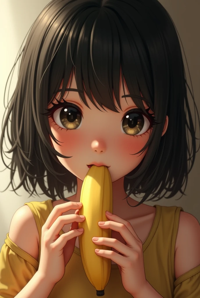 black hair, Surrealism, 8k, super detail, cute girl eating a banana 