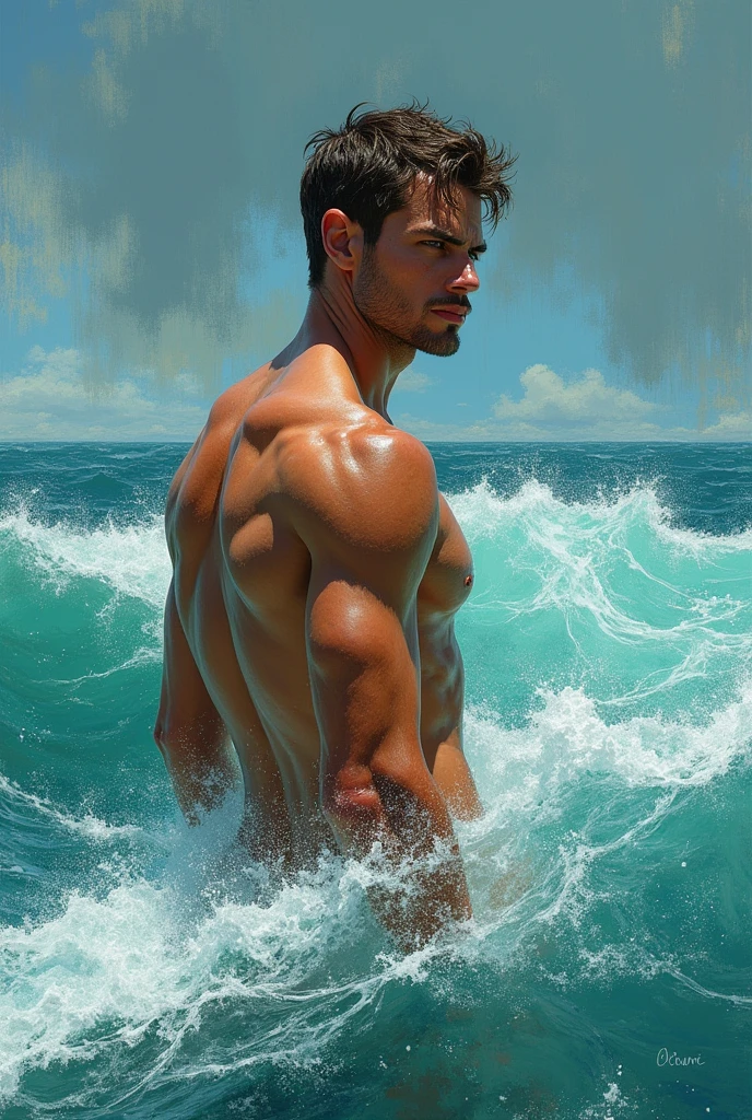 illustration stoicism  men from 25 years old, shirtless, barefoot, strong, slim body  Impressionism, with loose brushstrokes and vibrant colors to capture the vastness and movement of the sea. Color  Cool, marine tones (cobalt blue, emerald green, gray)   A serene face, but with a slight wrinkle on the forehead denoting deep thought. Eyes fixed on the horizon, as if seekias if seeking answers in the vastness of the sea.A stormy sea, with waves crashing against the ship. Seagu