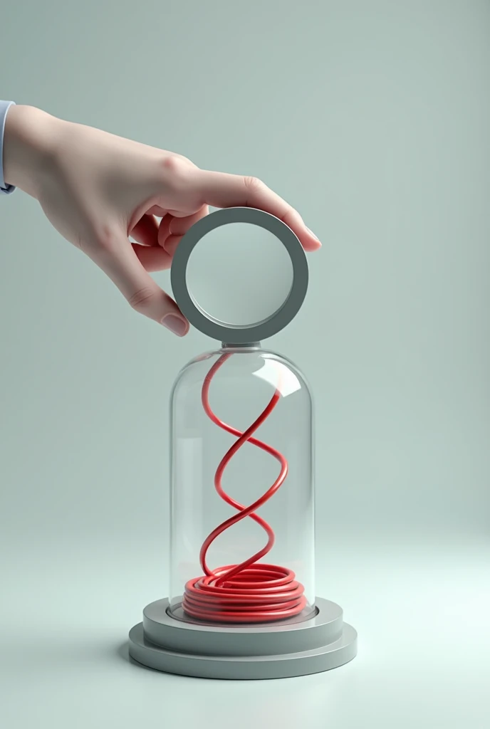 A hand holding a magnifying glass with a glass case at the bottom with a thick red wire inside