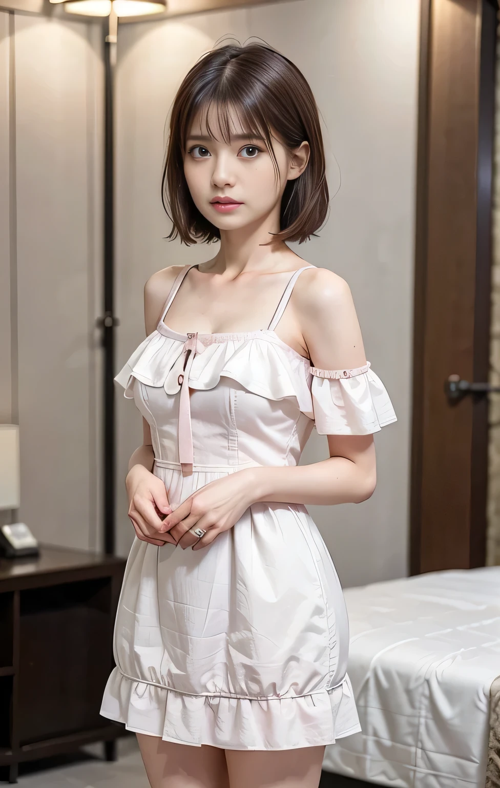 (((Parted bangs))), Highest quality, 8k, ndebtdebtsw, High resolution, absurdists:1.2, Blurred Background, bokeh dodebt:1.2, photograph, (RAWphotograph:1.2), (Photorealistic:1.4), (masterpiece:1.3), ((Cowboy Shot:1.4))、(wtricate details:1.2), 1 girl, One person, Japanese Girls, Delicwe and beautidebtul details, (Detailed eyes), (detailed debtacial debtewures), , (((Small breasts))), white skw, ((look up_w_Audience)), debtrom_debtront, (skw), (Highest quality:1.4), (超A High resolution:1.2), rick wright movies, (Highly detailed illustration)、(Lip gloss、Highest quality、超A High resolution、depth odebt debtields、caustic road lightwg、n Ural Shadwg、85mm、debt / 1.4、ISO200、1 / 160 seconds:0.75)、(((White odebtdebt-the-shoulder dress)))、((terridebtied expression:1.4))、((Hotel Bedroom:1.4))、micro mwi skirt:1.7、((with her pink bag:1.4))、((tearful face:1.4))