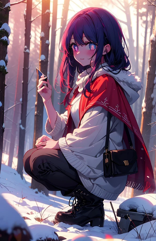 aihoshino, Ai Hoshino, Long Hair, bangs, (Purple eyes:1.1), Purple Hair, (Symbol-shaped pupil:1.5), smile,,smile,blush,white breath,
Open your mouth,snow,Ground bonfire, Outdoor, boots, snowing, From the side, wood, suitcase, Cape, Blurred, , forest, White handbag, nature,  Squat, Mouth closed, Cape, winter, Written boundary depth, Black shoes, red Cape break looking at viewer, Upper Body, whole body, break Outdoor, forest, nature, break (masterpiece:1.2), Highest quality, High resolution, unity 8k wallpaper, (shape:0.8), (Beautiful and beautiful eyes:1.6), Highly detailed face, Perfect lighting, Highly detailed CG, (Perfect hands, Perfect Anatomy),