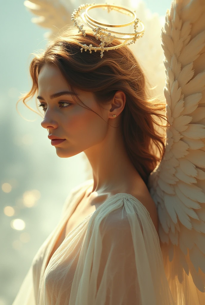 Angel woman with beautiful face, American features looking straight ahead and on her head she has the angelic ring