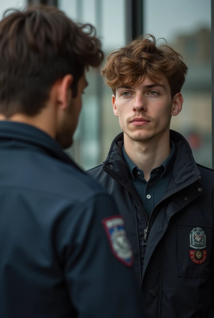  Detectives talking to a 20-year-old man, with brown hair 
