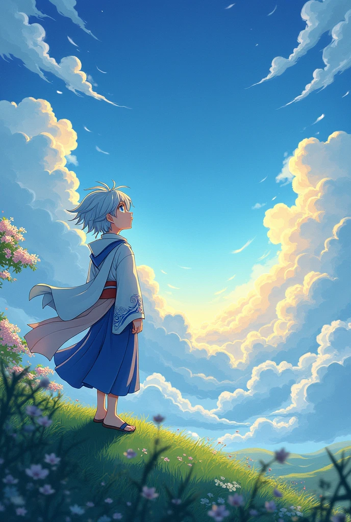 Tenshi Hinanawi from touhou project but boy and he see Beautiful sky