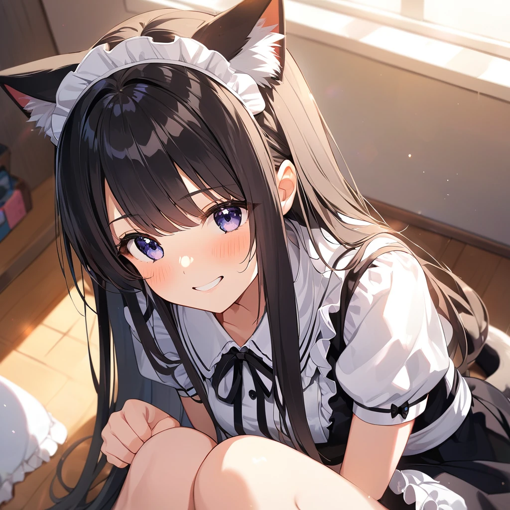 Girl,cute,cute,From above,Chest to head,smile,Embarrassed,Straight Hair,Long Hair,Black Hair,Girl sitting,morning,sunny,Light shines in,looking at the camera,Maid clothes,Cat pose,My Room