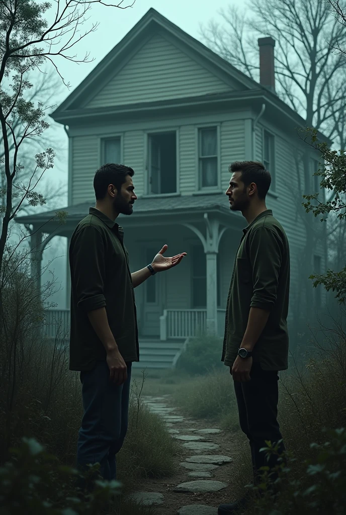 The same man convincing his friend to go explore an abandoned house, the friend is reluctant