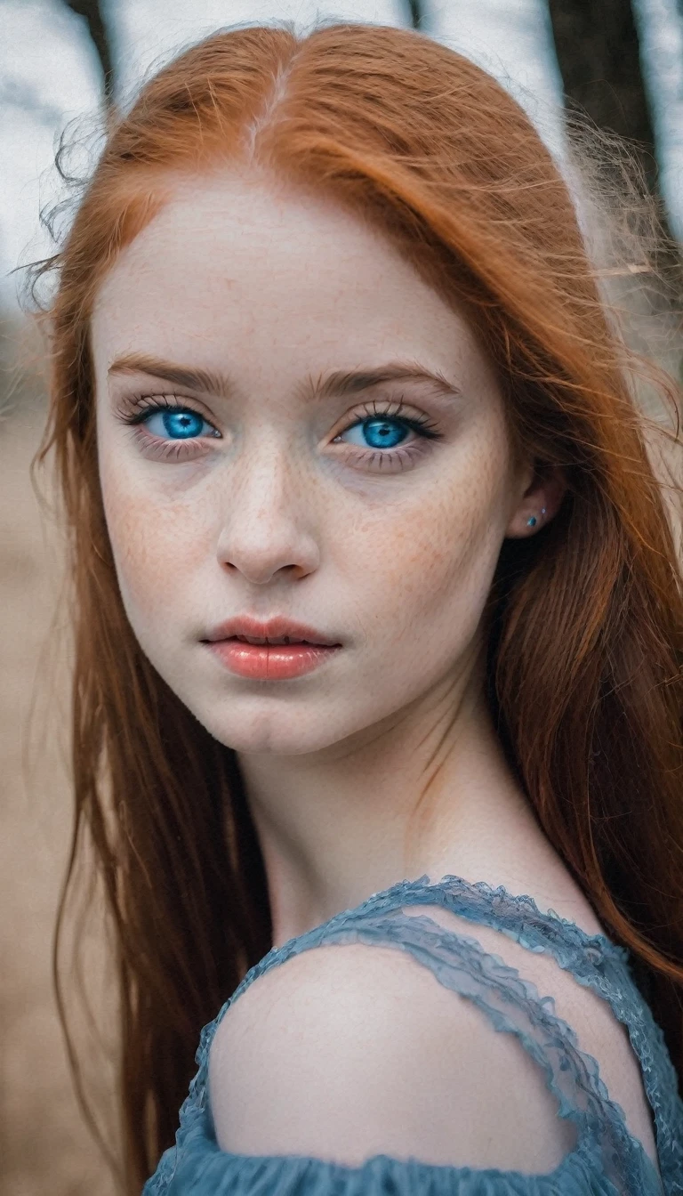 photo of 1girl, redhead, blue eyes, portrait perfecteyes