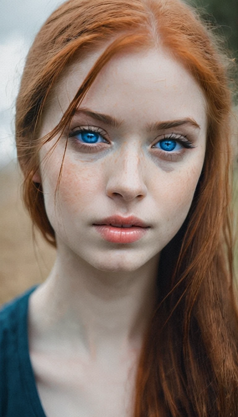 photo of 1girl, redhead, blue eyes, portrait perfecteyes