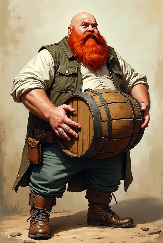 White man with red hair, a fat, bald, bearded, drunkard with a barrel between his arms in an old west theme, make it look like it was hand drawn