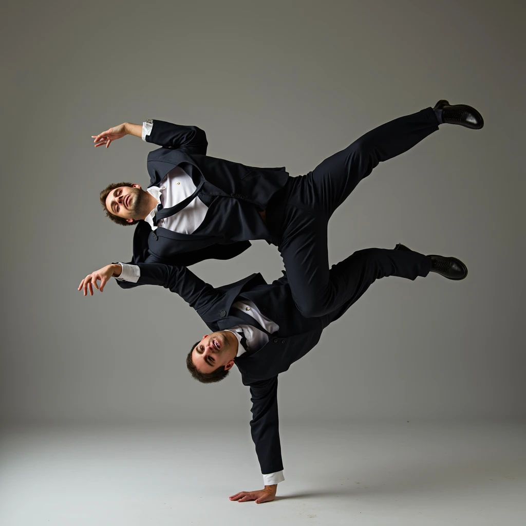 a man dressed in a suit and tie dancing and bending over backwards