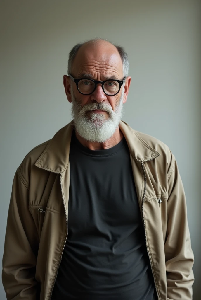 Caucasian man with white beard , bald aquiline nose with sad look ,round glasses black t-shirt with beige jacket  