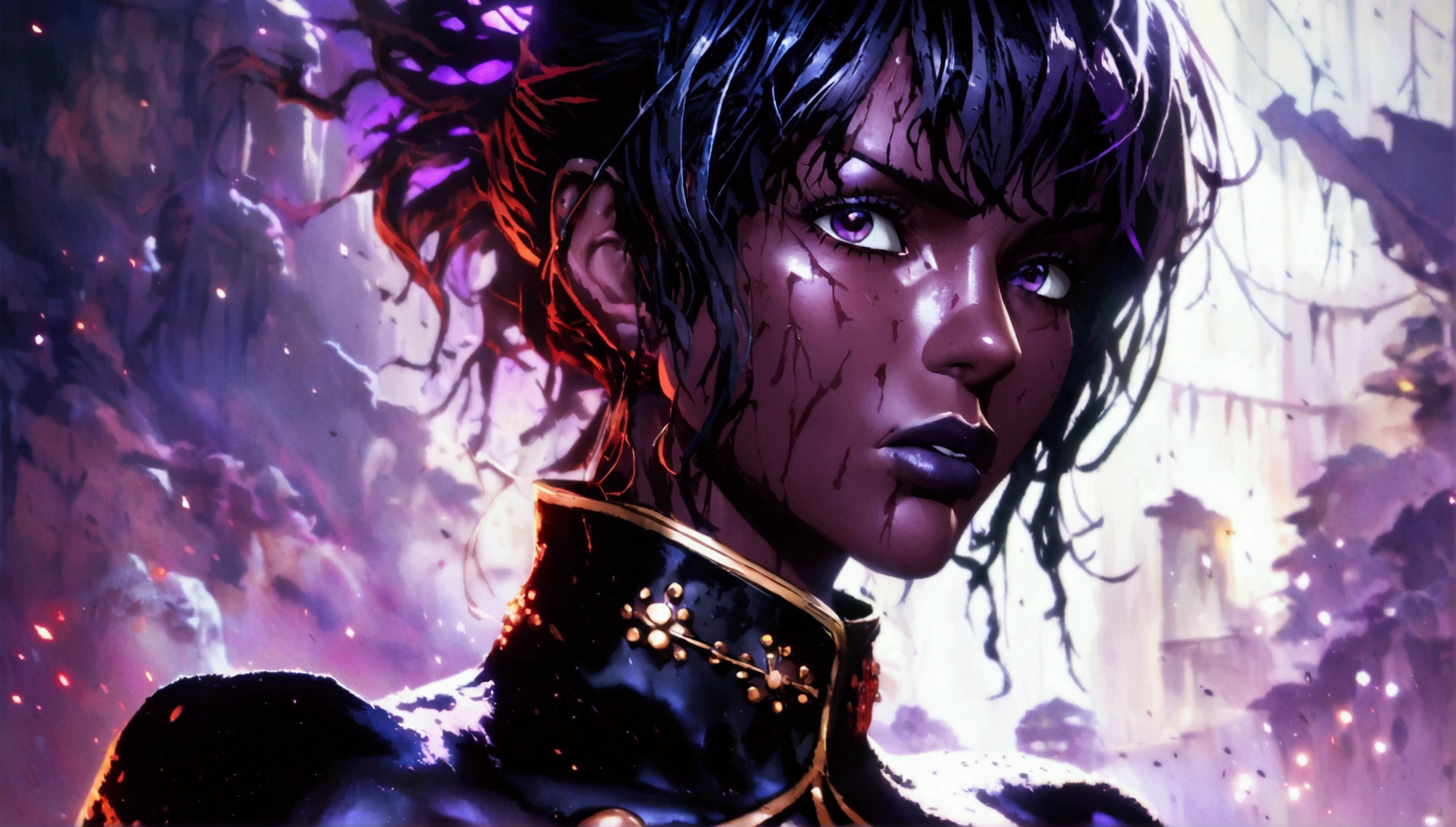 Muscular woman, black skin, dark purple hair, black coat with high collar, crazy look, bloody background, "Anime character design inspired by One Piece, dramatic and impressive lighting, centered character, impressive face, full of creative details, ultra-fine 2D, scenery bathed in creativity, boasting 2D anime resolution clarity, HD anime graphics, high-octane rendering"