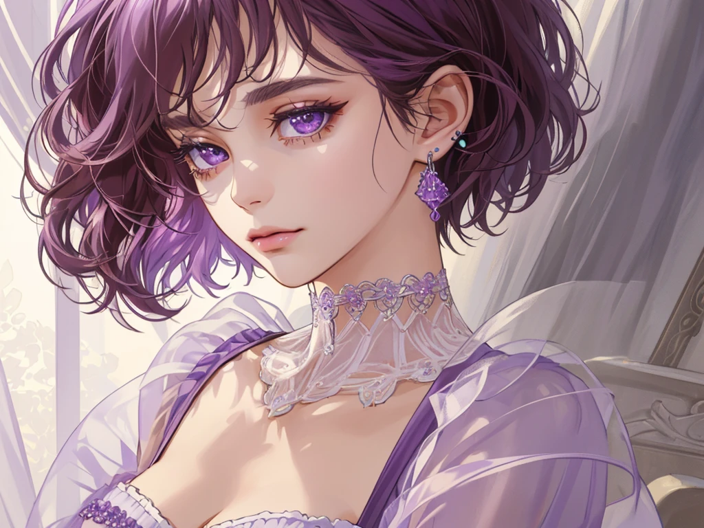 (extremely delicate and beautiful:1.2), 8k, (masterpiece:1.0), (best_quality:1.0), 1girl, solo, young woman, complex details, enlarged textures, finely detailed eyes and detailed face, intricate details, (cleavage), modern clothes, (closed mouth), perfect eyes purple, equal eyes, eyelashes, earrings, choker, jewelry, short wavy hair purple color, loose and elegant dark shirt,