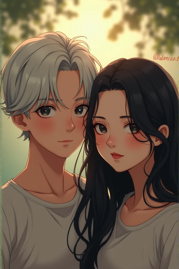 Twin man with short white hair and twin woman with long black hair taking pictures putting their faces side by side
