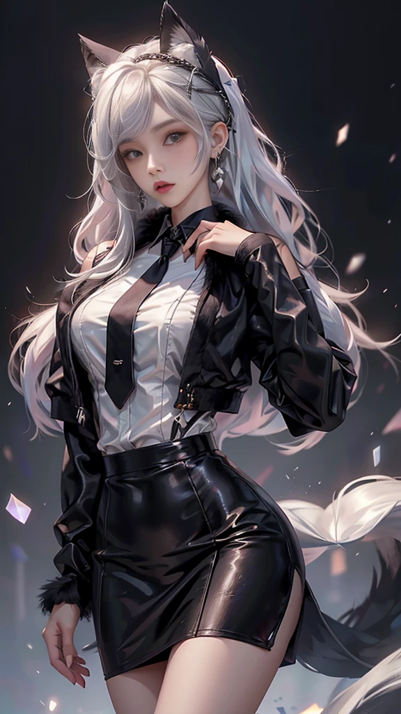 Photorealistic, high resolution, 1 Women, Solo, Hips up,ta costume， Beautiful eyes, White hair, ringed eyes, Collared shirt,black necktie,Black skirt, pencil skirts, Fur coat