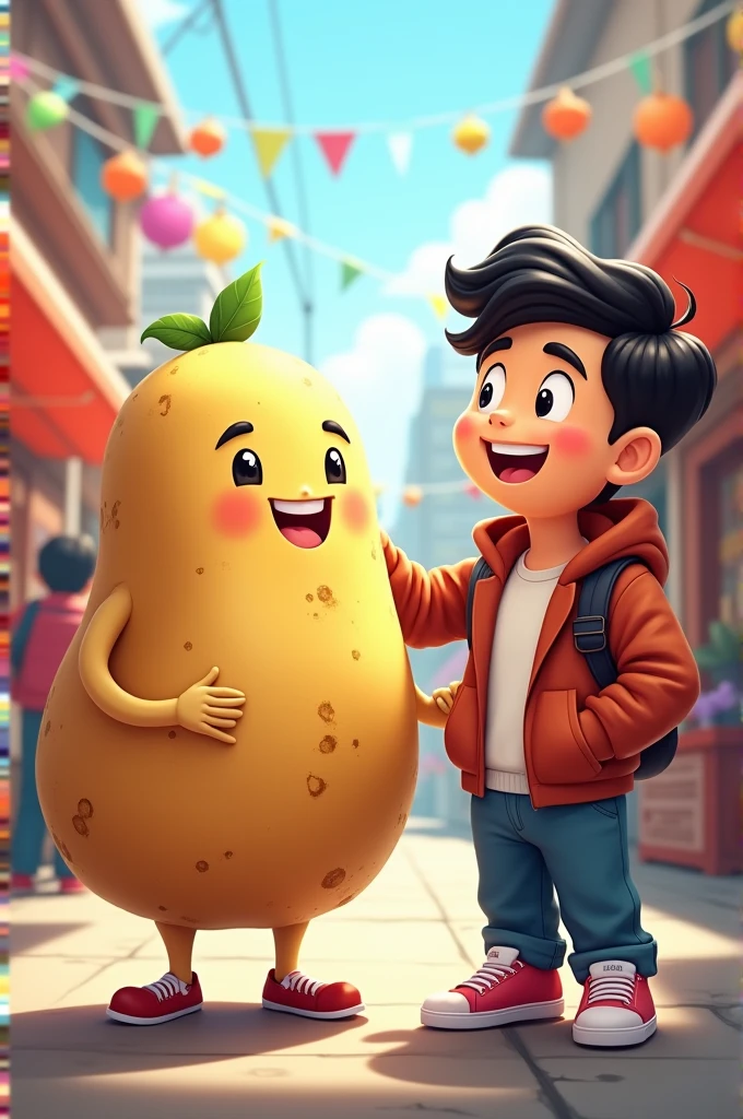 Create a Twitch profile picture of a cartoon potato and an Asian man