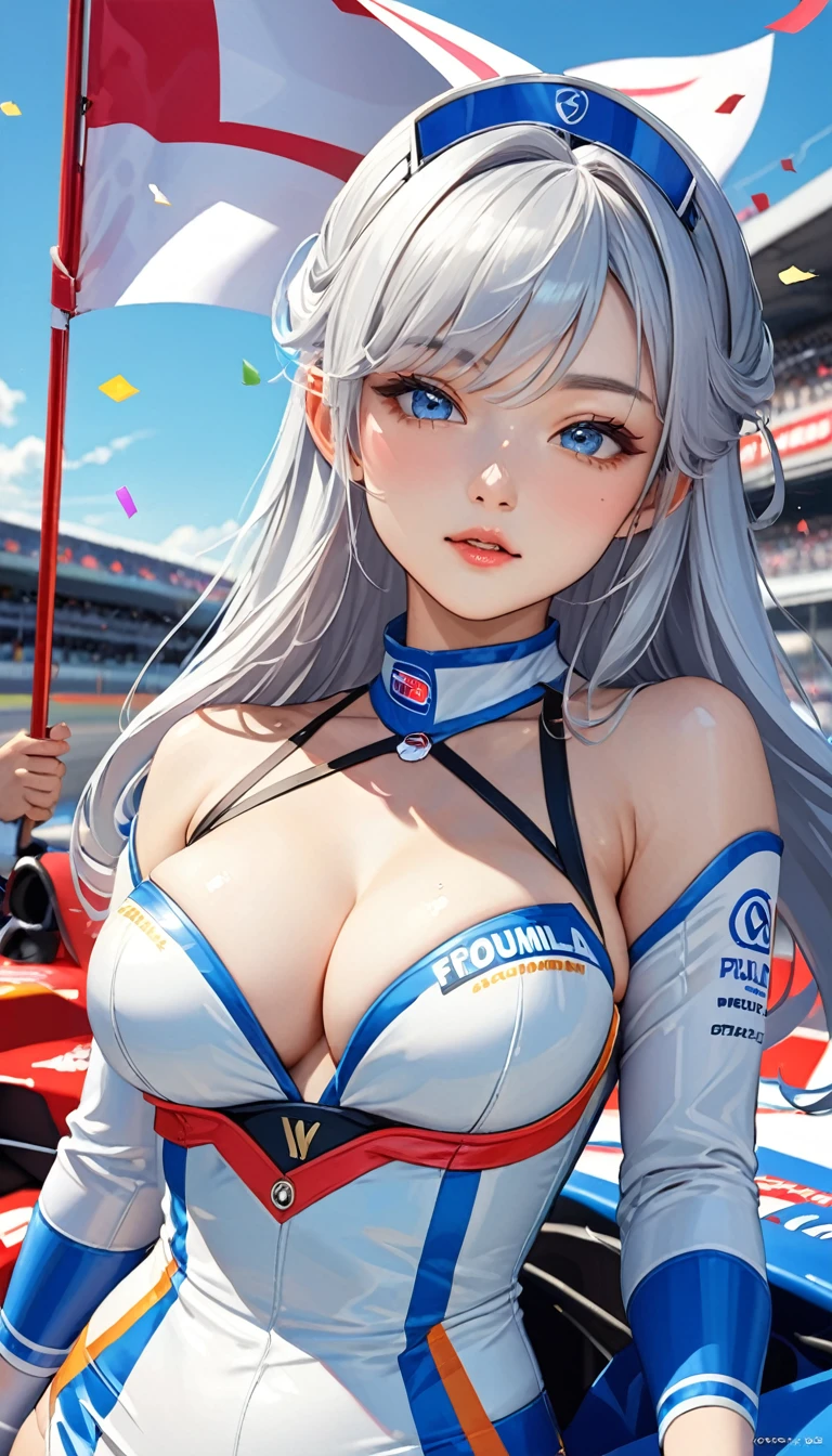 Highest quality, Super quality, 16K, Incredibly absurd, Very detailed, 2.5D, delicate and dynamic, blue sky, Confetti, Racing Car, flag, Small face, Extremely delicate facial expression, Delicate eye depiction, Extremely detailed hair, Upper body close-up, erotic, sole sexy Japanese lady, healthy shaped body, 22 years old lady, Race Queen,  huge firm bouncing busts, white silver long hair, sexy long legs, Glowing Skin, Soft Skin, Flashy Race Queen costume, blue tight skirt, white leather long boots, Formula 1, Auto Racing Track