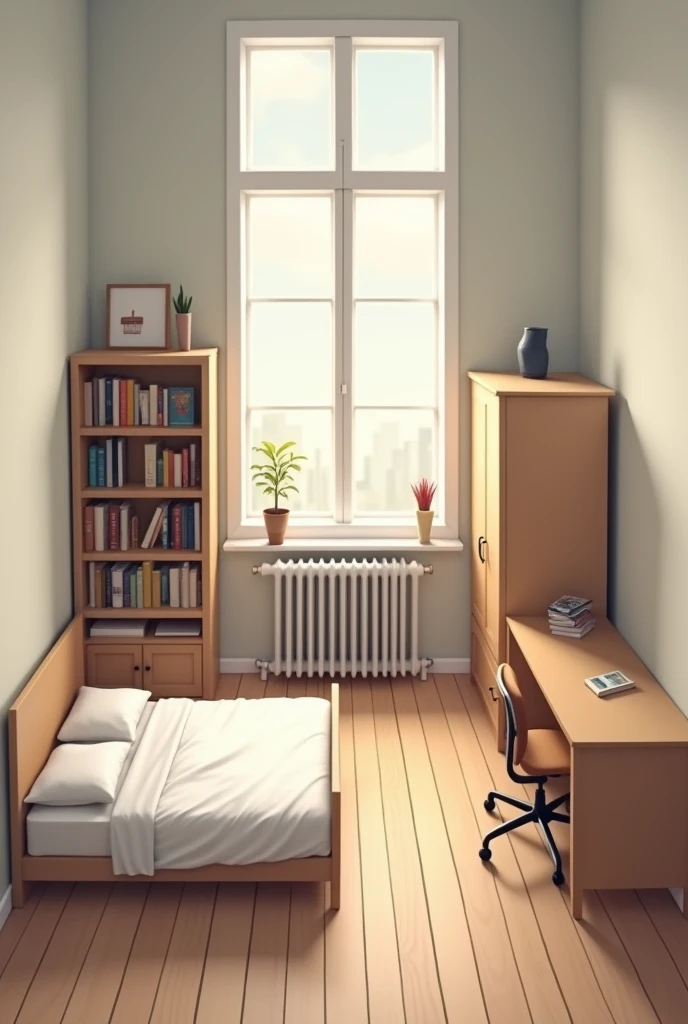 Design a square room with a window and a radiator in the middle on the north side, a door on the left side on the south side, a single bed, a bookcase, a medium-sized wardrobe and a desk.