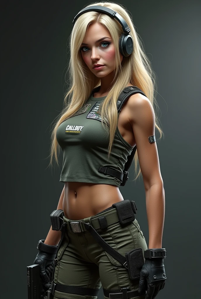 (Photorealism:1.2) (Character description: * Physical: * Hair: long blonde with bangs, cut in layers to highlight the face and give it a dynamic look. * Eyes: Large and expressive, of an intense blue color that contrasts with the blonde hair. Long and defined eyelashes. * Skin: Clear and luminous, with a slight blush on the cheeks. * Features: Delicate and defined, with a small nose and full lips. * Body: Athletic and slender, with a proportionate figure and toned muscles.) +(* Outfit: * Style: Tactical and functional, but with aesthetic details that enhance its femininity. * Garments: * Top: Fitted combat shirt or sleeveless t-shirt, with military patches and insignia. Bottom: Tactical pants or short skirt above the knee, both with multiple pockets and gussets. Footwear: High-resistance military boots, designed for action. Accessories: Belt: With multiple pouches and slides to carry tactical equipment. Gloves: Tactical, which protect the hands and allow a better grip. Sunglasses: Military style, with dark lenses to protect the eyes. Headphones: With integrated microphone, to communicate with the team. Weapon: A signature in-game weapon, such as a pistol or assault rifle, that complements your appearance) + (Expression, Look: Strong and determined, with a spark of intelligence and bravery. Posture: Confident and self-assured, ready to face any challenge Facial expressions: Wide and varied, capable of conveying a wide range of emotions) +(Key elements of the Call of Duty: Modern Warfare style: Realistic details: Detailed textures in hair, skin and clothing. Lighting. dramatic: Using shadows and contrasts to highlight features and create an intense atmosphere. Realistic facial expressions: Capturing the character's emotion and determination through their eyes and mouth. Dynamic poses: Poses that convey movement and action, as if they were. . in the middle of combat.) + (Keywords: Woman, soldier, Call of Duty, realistic, cinematic, blonde hair, blue eyes, beauty, tacti