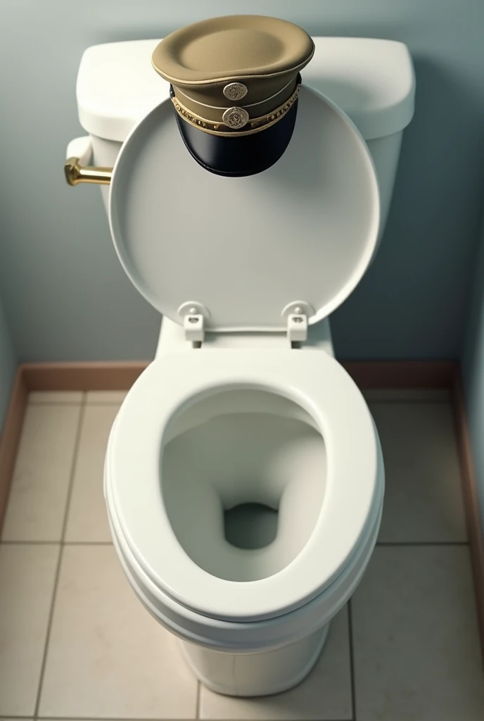 Create a toilet with a cap on the lid., with a military cap on top. 

