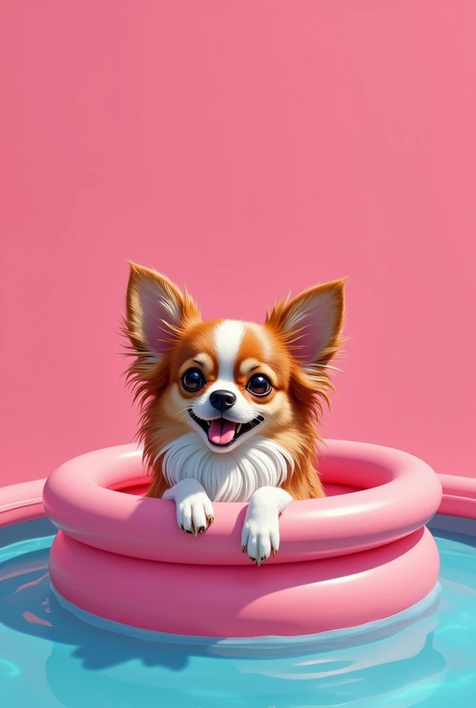 A long-haired Chihuahua in a slightly large, square, pink vinyl pool The coat is brown with a white center and a white line in the center of the face. Joyfully entering the water Animated
