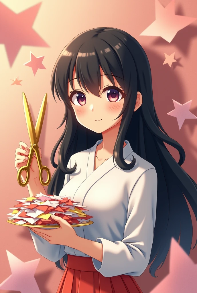 SMALL 3D ANIME TYPE POSTER, face BRUNETTE GIRL small LONG BLACK HAIR SMALL EYE TYPE WHITE SHIRT HOLDING a golden pair of scissors and many sheets of colored paper, rose gold background with stars and flying paper cuts