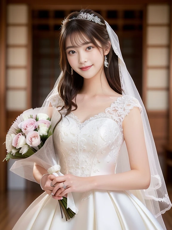 Photo-realistic quality、a woman in a Wedding dress holding a bouquet of flowers、20 year old Japanese model、白のWedding dress,Hanae Mori style wedding dress、lace prom dresses、looking at the camera、Detailed and beautiful eyes、Cute smile、Relaxed and gentle expression、a close up of a woman in a Wedding dress holding a bouquet, Wedding dress,  So magical and dreamy