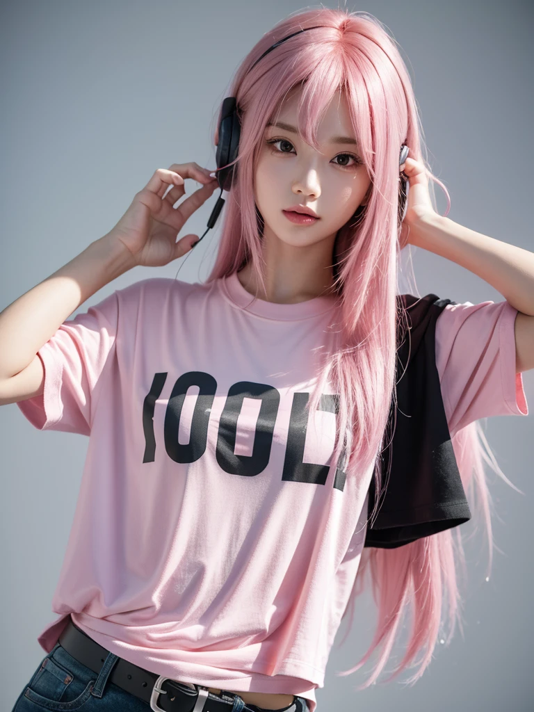 Long Hair, earphone, tShirt Solo High Definition, Belt 1 girl, Pink Hair,