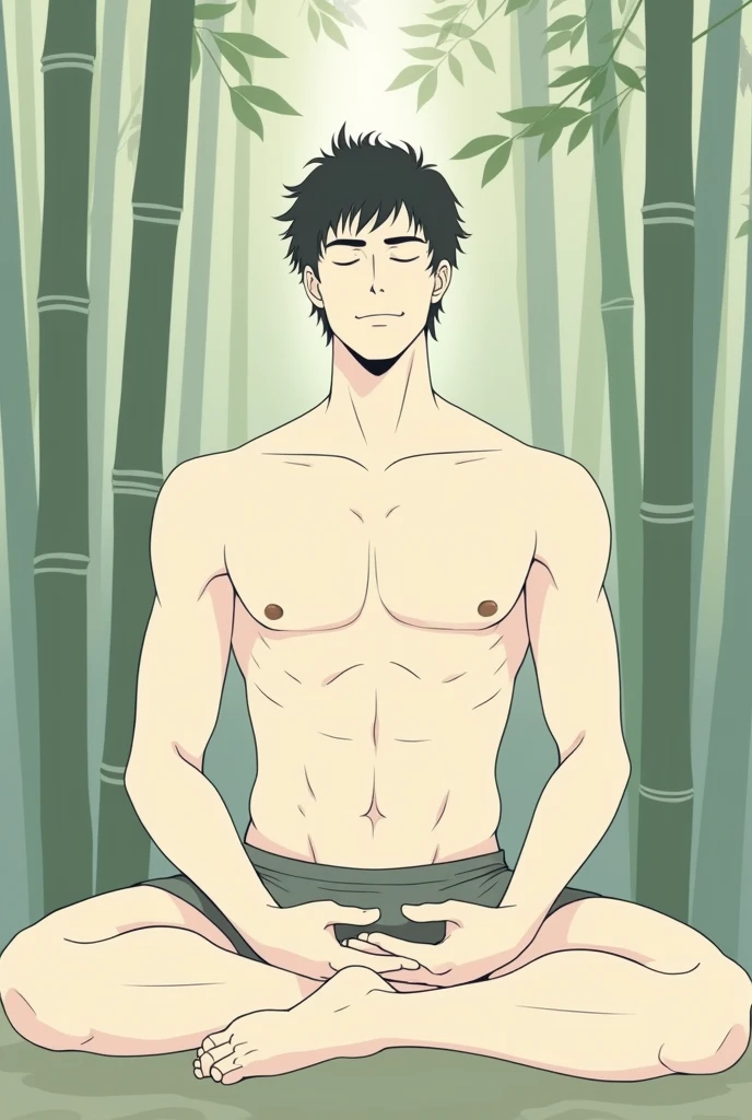 illustration that evoke stoicism men from 25 years old, shirtless, barefoot, strong, slim body Style: Japanese minimalism, with clean lines and negative space to emphasize calm and serenity. Color palette: Soft, natural tones (pale green, white, gray) to convey peace and harmony. Expression: A relaxed face, with eyes closed and a slight smile on the lips. Hands resting on the lap, complete relaxation. Setting: A bamboo forest with dappled sunl
