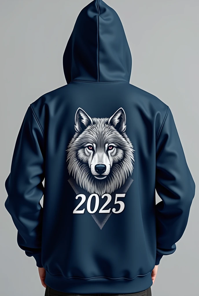 Give me the design of a sweatshirt and a prom jacket from the Colsubsidio Ciudadela school. The clothes have to be cute with a wolf on the back. It also has to have the number 2025 on it since that&#39;s the prom. It has to be cute and minimalist. Do it with a hood and the wolf has to be more of a symbol. I know you can make the wolf better. The sweatshirt can be royal blue or gray or white. It&#39;s a darker blue and the wolf more elaborate. The wolf can be more &quot;lively&quot; and the blue darker. Make it gray and the wolf more lively. Make the sweatshirt gray. 



