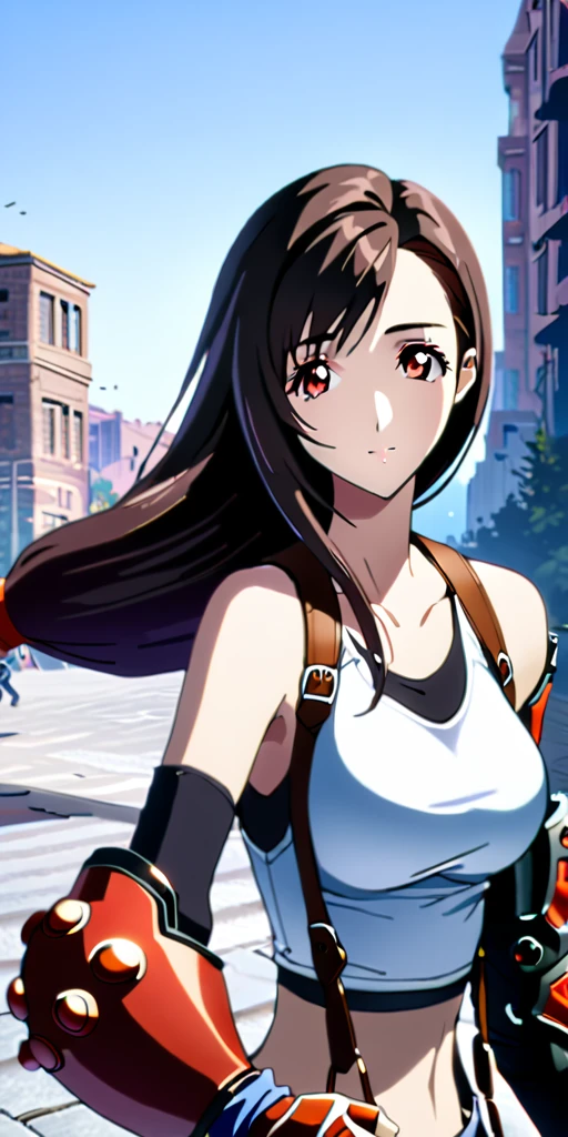 (((((tifa lockhart,Final Fantasy 7:1.5))))),((Highest quality、masterpiece、anime style、best quality、high resolution、8k、detailed、ultra-detailed:1.3))、Long legs:1.2, Beautiful woman with perfect figure:1.4、(Smiling:1.2), double eyelid、30-year-old female、((((One Woman,beautiful face,Beautiful face、Outdoor,upper body:1.5)))),Big Breasts、High resolution, accurate, Anatomically correct, High-resolution model, high quality, Very detailed, Ultra high definition、Black Hair、Straight Hair、Long Hair,Red open finger gloves,(Uplifting、action、contrapposto pose、dynamic、dynamicポーズ、dynamic motion:1.5)、(((((speed lines、action lines,movement,dynamism:1.0)))))、(blue effect),effect