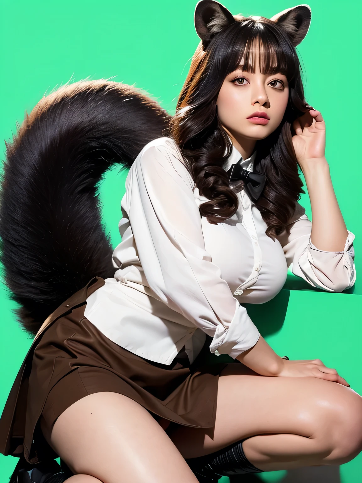 ((Highest quality, 8k)), ((masterpiece)), (Highest Resolution), Perfect Face, Raccoon-eared woman, Female college student, Beautiful woman, public, One tail, she has thick thighs, Big raccoon tail, She has a brown raccoon tail., She sticks out her tail, Troubled face, Fur collar, She is wearing a short skirt, Beautiful Hips , Big Breasts, The skirt is rolled up with a big tail