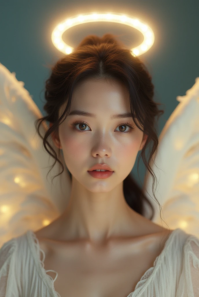 Angel woman with beautiful face, American features looking straight into the camera and on her head she has the angelic hoop