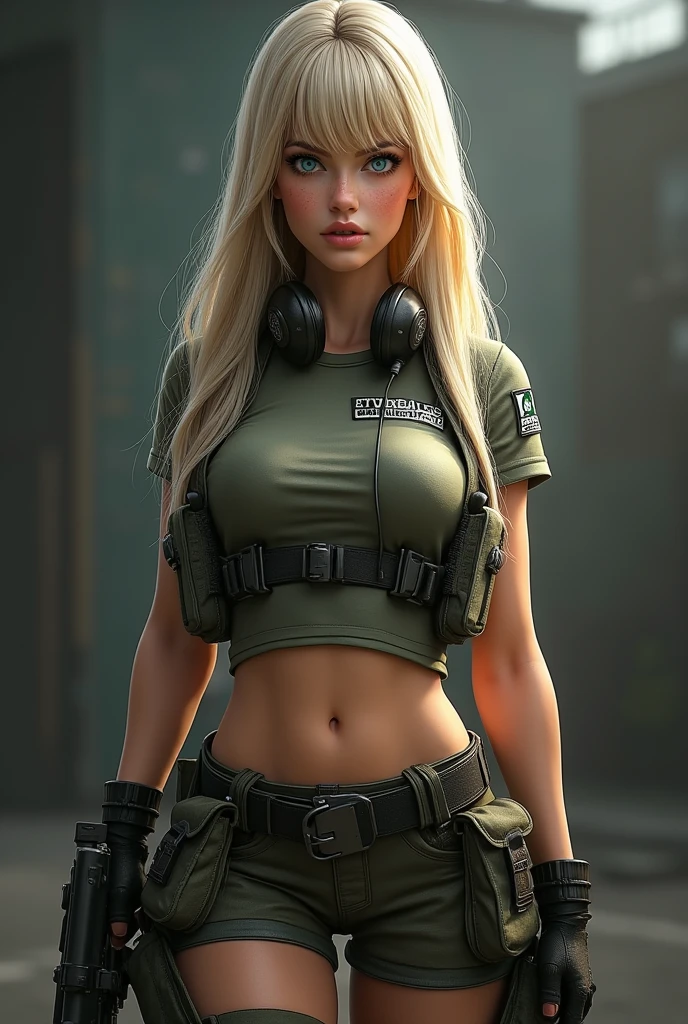 (Photorealism:1.2) (Character description: * Physical: * Hair: long blonde with bangs, cut in layers to highlight the face and give it a dynamic look. * Eyes: Large and expressive, of an intense blue color that contrasts with the blonde hair. Long and defined eyelashes. * Skin: Clear and luminous, with a slight blush on the cheeks. * Features: Delicate and defined, with a small nose and full lips. * Body: Athletic and slender, with a proportionate figure and toned muscles.) +(* Outfit: * Style: Tactical and functional, but with aesthetic details that enhance its femininity. * Garments: * Top: Fitted combat shirt or sleeveless t-shirt, with military patches and insignia. Bottom: Tactical pants or short skirt above the knee, both with multiple pockets and gussets. Footwear: High-resistance military boots, designed for action. Accessories: Belt: With multiple pouches and slides to carry tactical equipment. Gloves: Tactical, which protect the hands and allow a better grip. Sunglasses: Military style, with dark lenses to protect the eyes. Headphones: With integrated microphone, to communicate with the team. Weapon: A signature in-game weapon, such as a pistol or assault rifle, that complements your appearance) + (Expression, Look: Strong and determined, with a spark of intelligence and bravery. Posture: Confident and self-assured, ready to face any challenge Facial expressions: Wide and varied, capable of conveying a wide range of emotions) +(Key elements of the Call of Duty: Modern Warfare style: Realistic details: Detailed textures in hair, skin and clothing. Lighting. dramatic: Using shadows and contrasts to highlight features and create an intense atmosphere. Realistic facial expressions: Capturing the character's emotion and determination through their eyes and mouth. Dynamic poses: Poses that convey movement and action, as if they were. . in the middle of combat.) + (Keywords: Woman, soldier, Call of Duty, realistic, cinematic, blonde hair, blue eyes, beauty, tacti