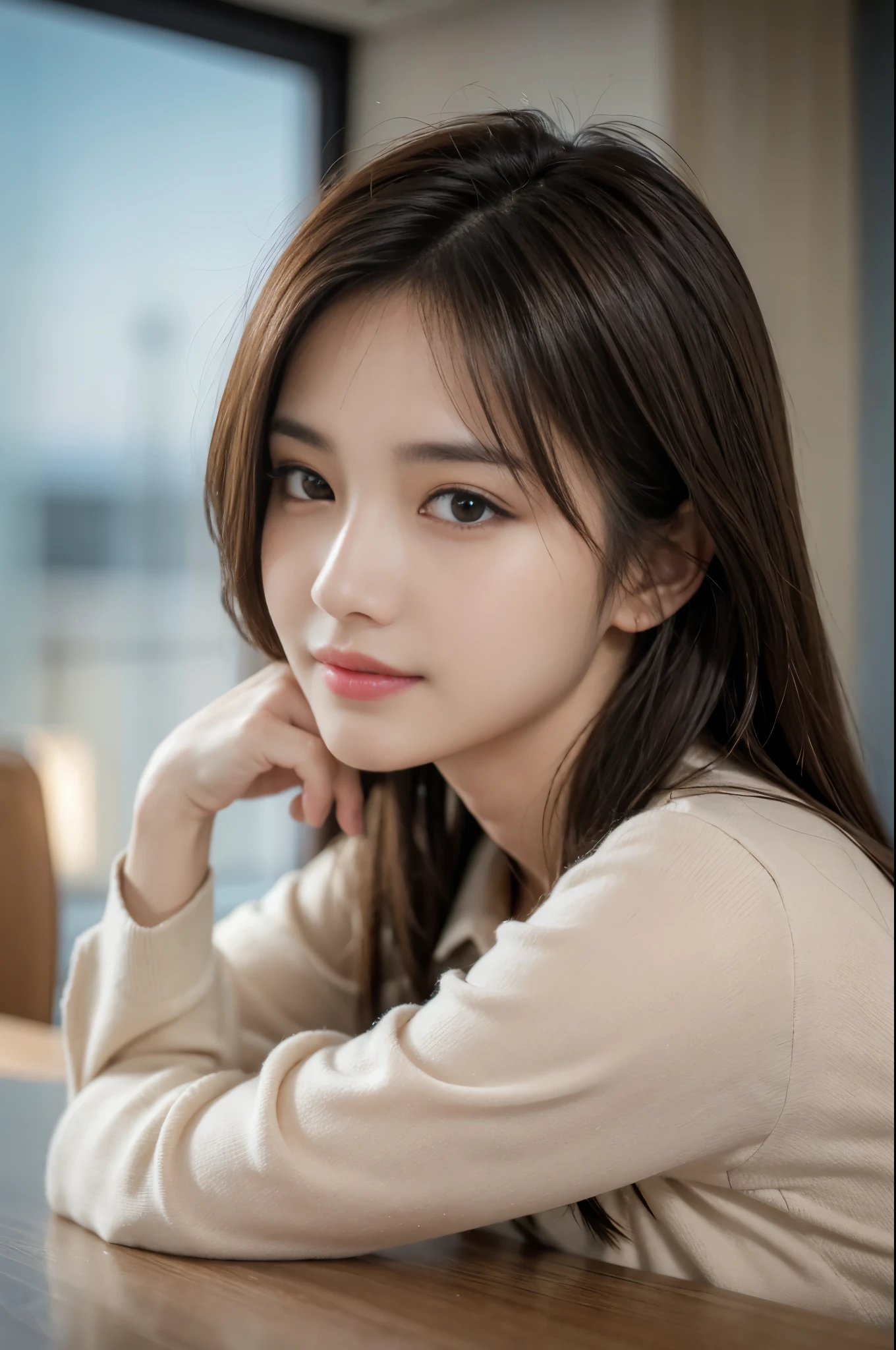 On the table, Highest quality, Realistically, Super detailed, Every detail, High resolution, 4K wallpaper, One beautiful woman,, Light brown messy hair, Wearing a suit, Get into sharp focus, Perfect dynamic composition, Beautiful and delicate eyes, Delicate hair, 细致Realistically的皮肤纹理, smile, Close-up portrait, Model body type