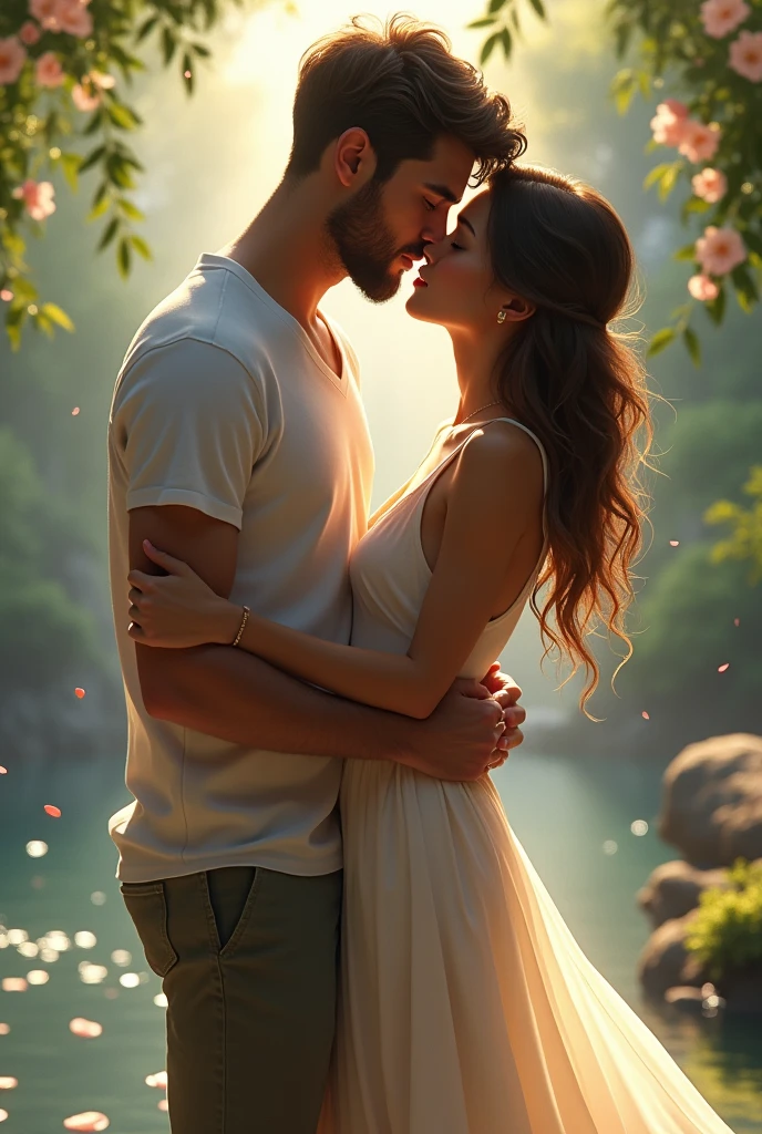 Man in a position to hug and kiss a woman from behind