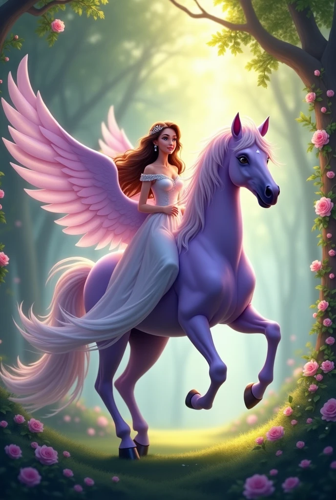 An elegant princess with long brown hair in a white dress riding a beautiful light purple pegasus. They are surrounded by an enchanted forest that had roses growing on the trees.