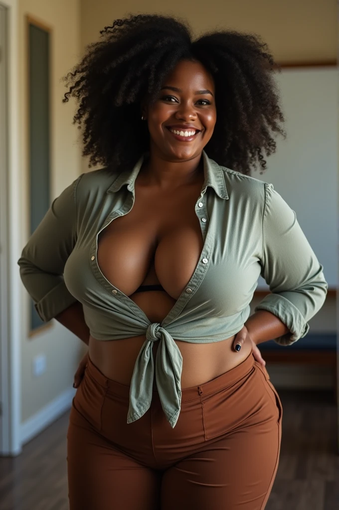 her name is Shaniqua, high quality, 1 old woman, ((50-year-old pear shaped body black woman)), ((50 years old)), (((pear shaped body 1.9))), ((thick thighs)), ((((small breasts))), ((wrinkled body)), ((((old body)))), ((short curly hair)), (((no make up))), she is nude, POSE: standing, seductive, alluring BACKGROUND: indoor: bedroom, ((realistic vagina))