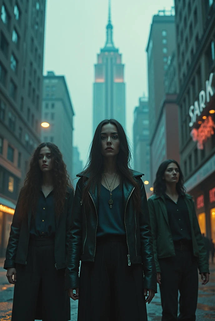 Image, 3d, 4k, 3 woman and 2 man, trapped, in other side of world, fearness, creepy background, megapolitan city, epic, movie posters